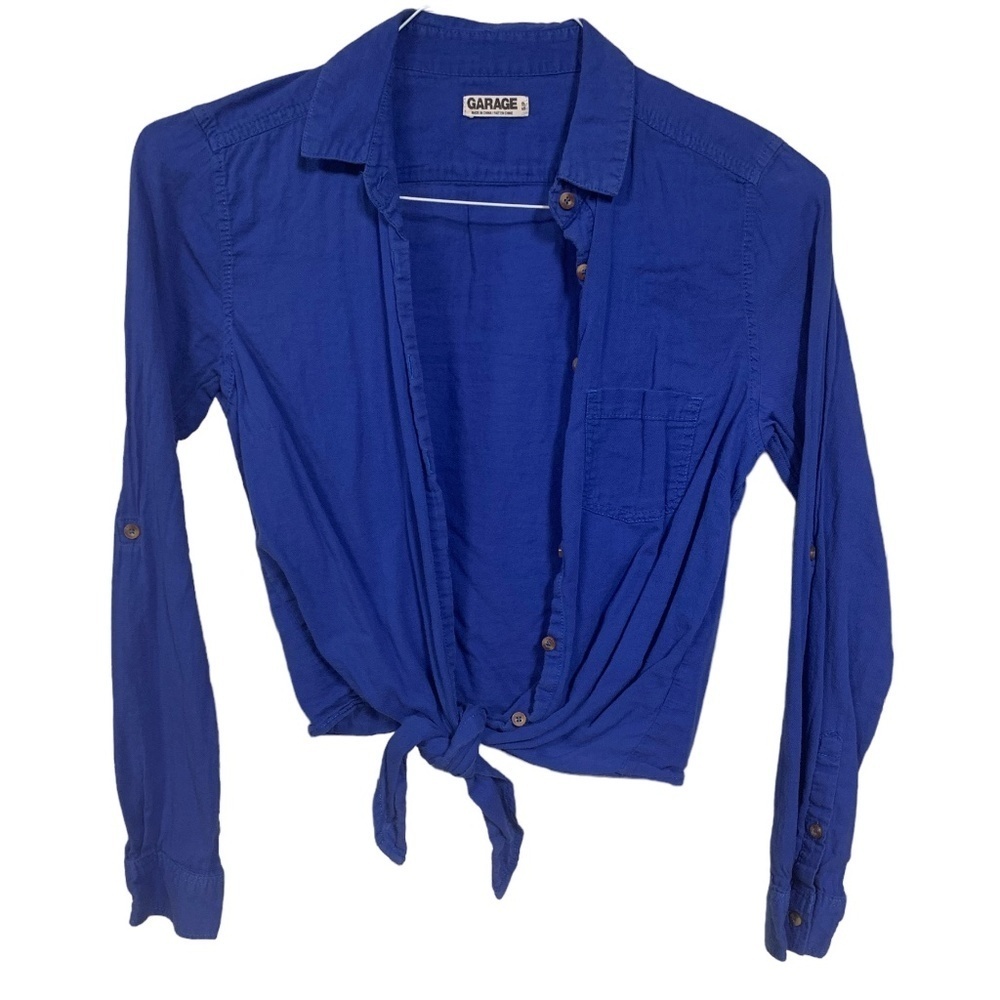 Women's Blue Button-Up Long-Sleeve Crop Top From Garage